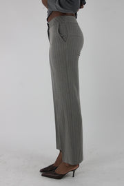 alternate-side view of grey pinstripe straight-leg trousers