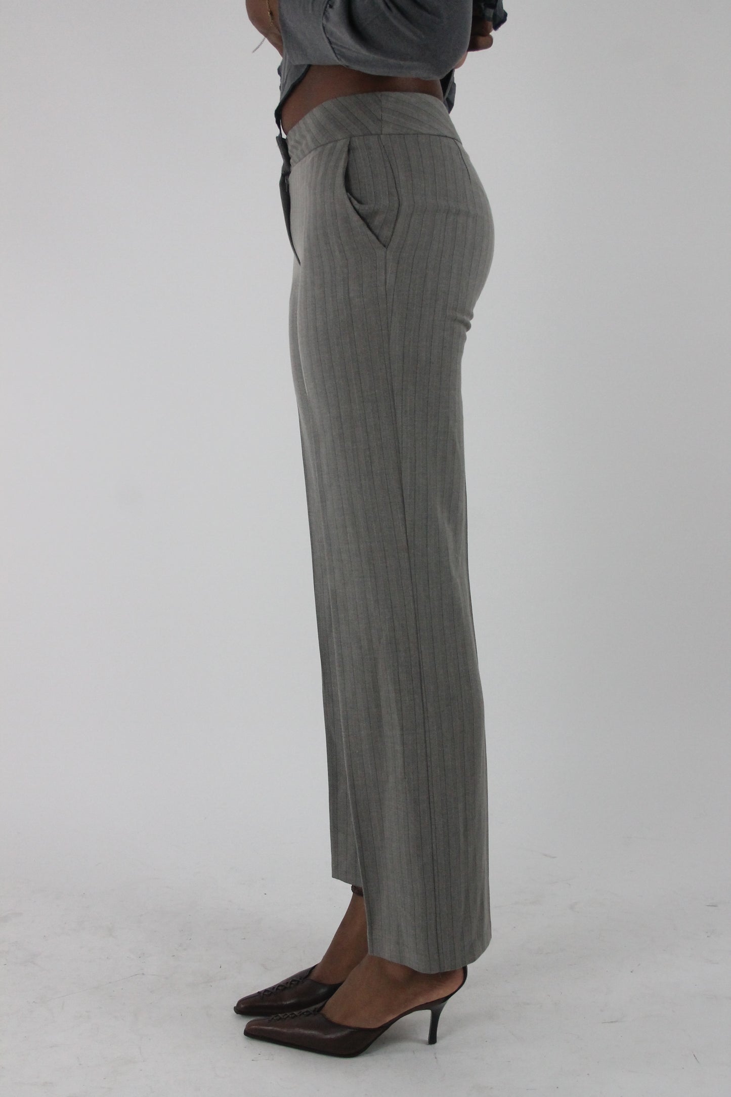 alternate-side view of grey pinstripe straight-leg trousers