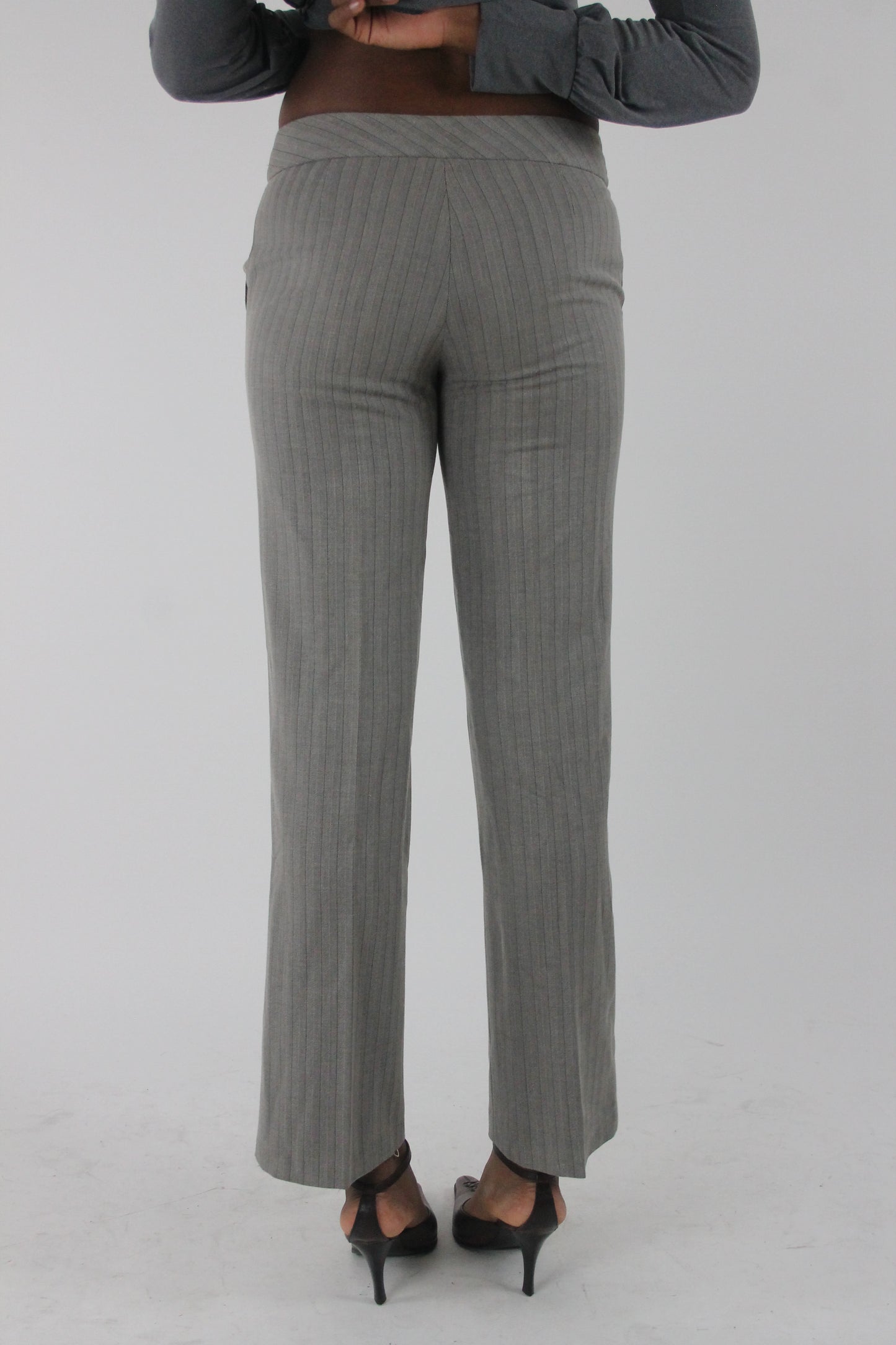 back view of grey pinstripe straight-leg trousers