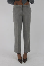 front view of grey pinstripe straight-leg trousers