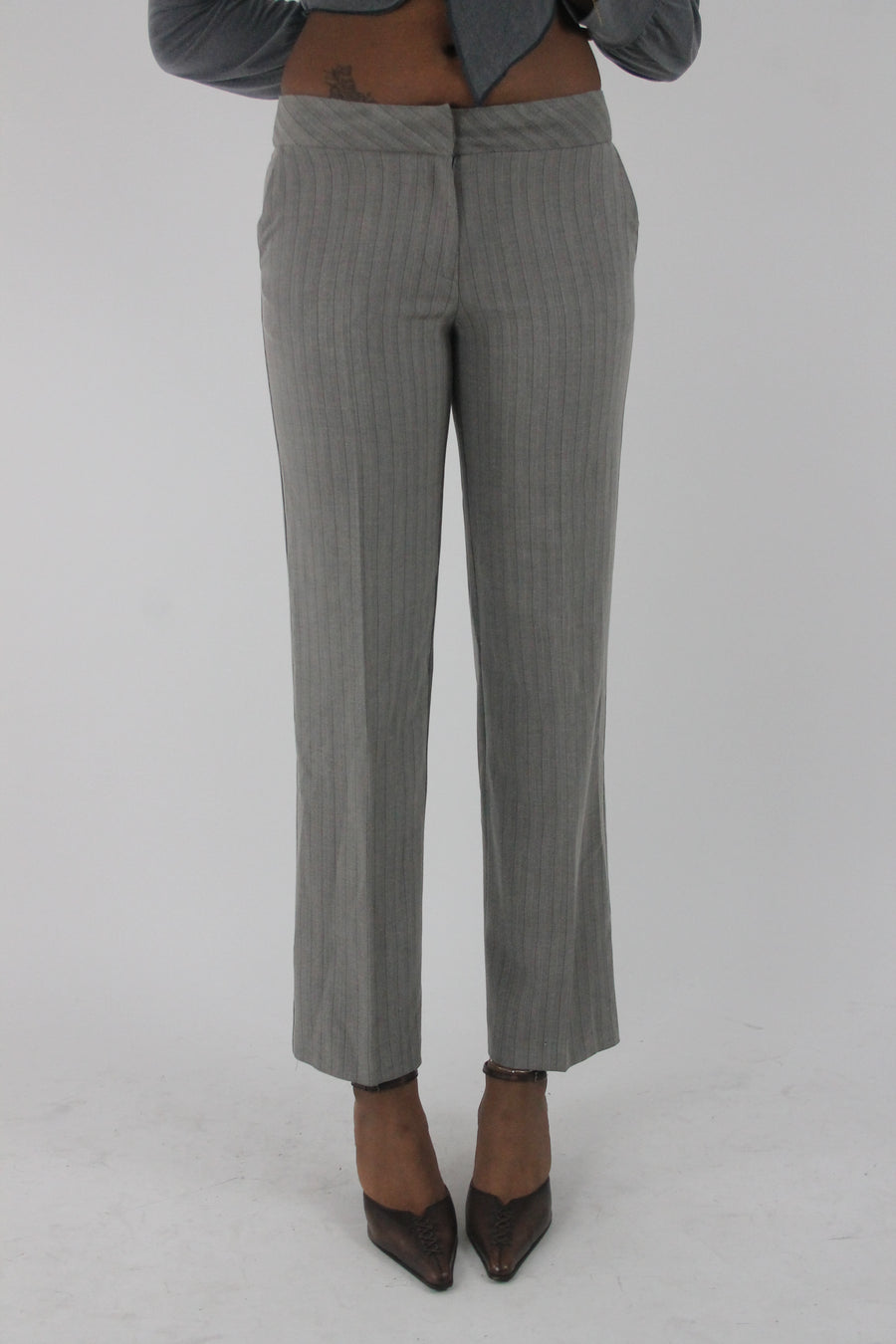 front view of grey pinstripe straight-leg trousers