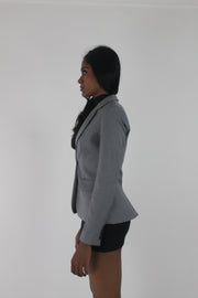 alternate-side view of grey single-button fitted blazer