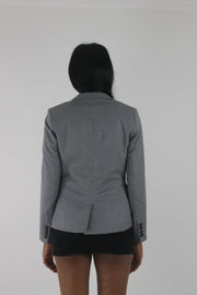 back view of grey single-button fitted blazer