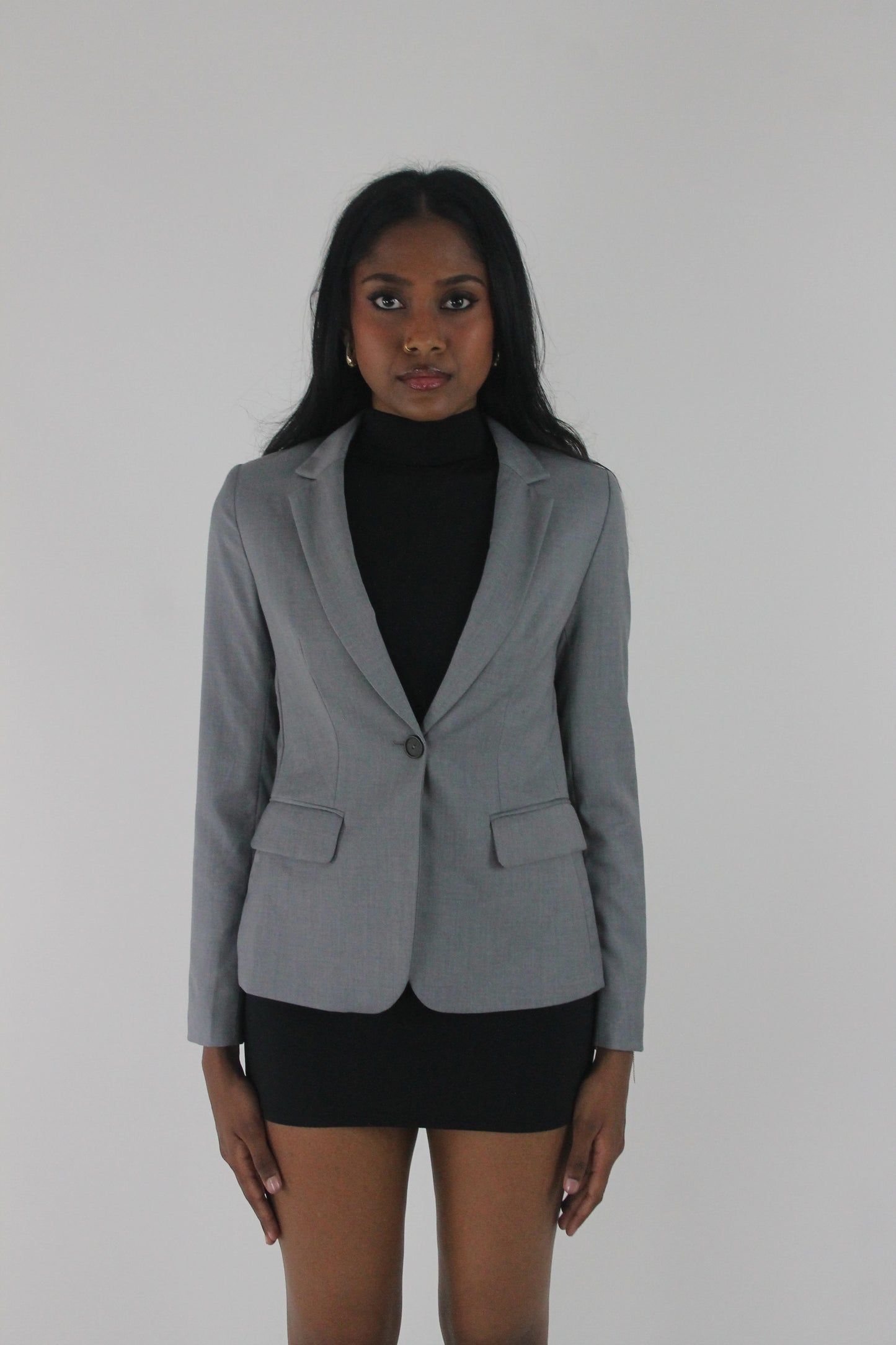 front view of grey single-button fitted blazer
