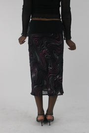 back view of pink purple and white swirl-print mesh midi skirt
