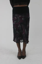 detail view of pink purple and white swirl-print mesh midi skirt