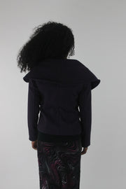 back view of purple oversized-collar fitted blazer