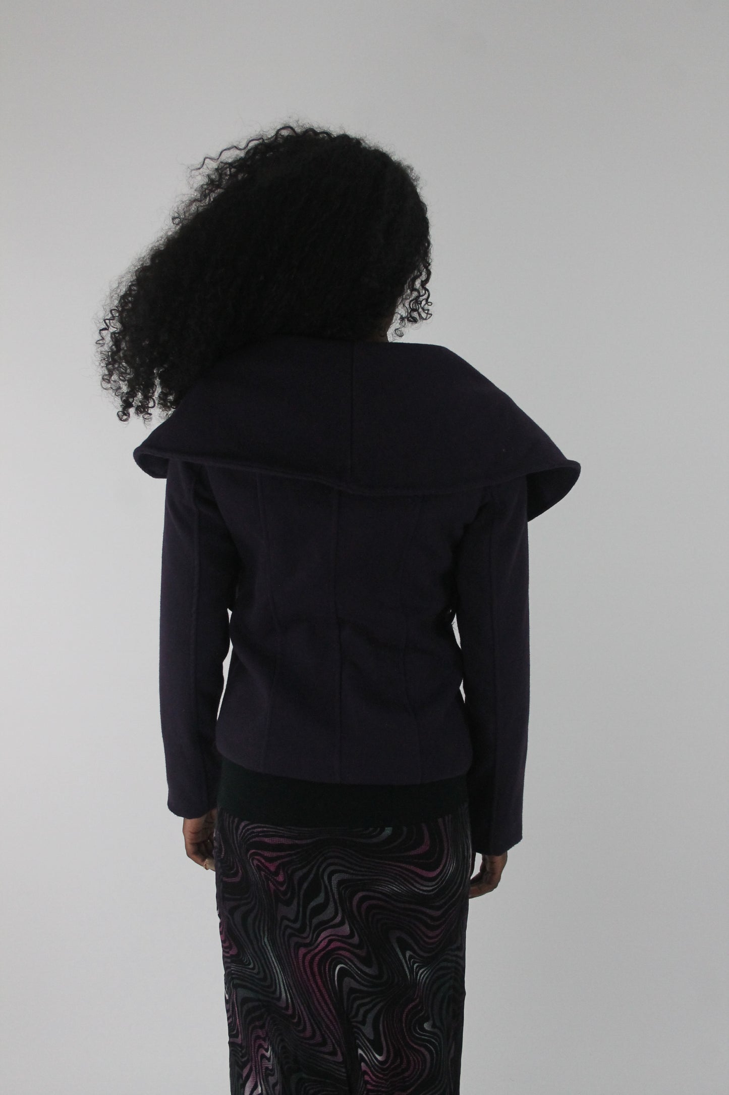 back view of purple oversized-collar fitted blazer