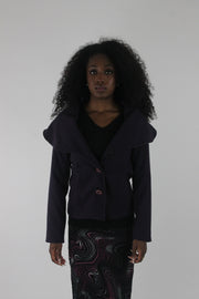 front view of purple oversized-collar fitted blazer