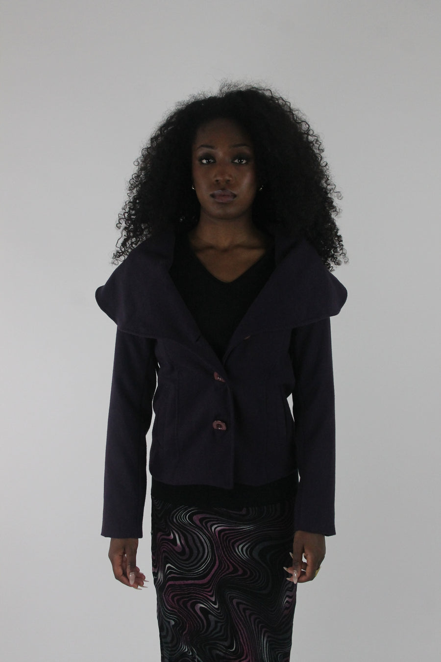 front view of purple oversized-collar fitted blazer