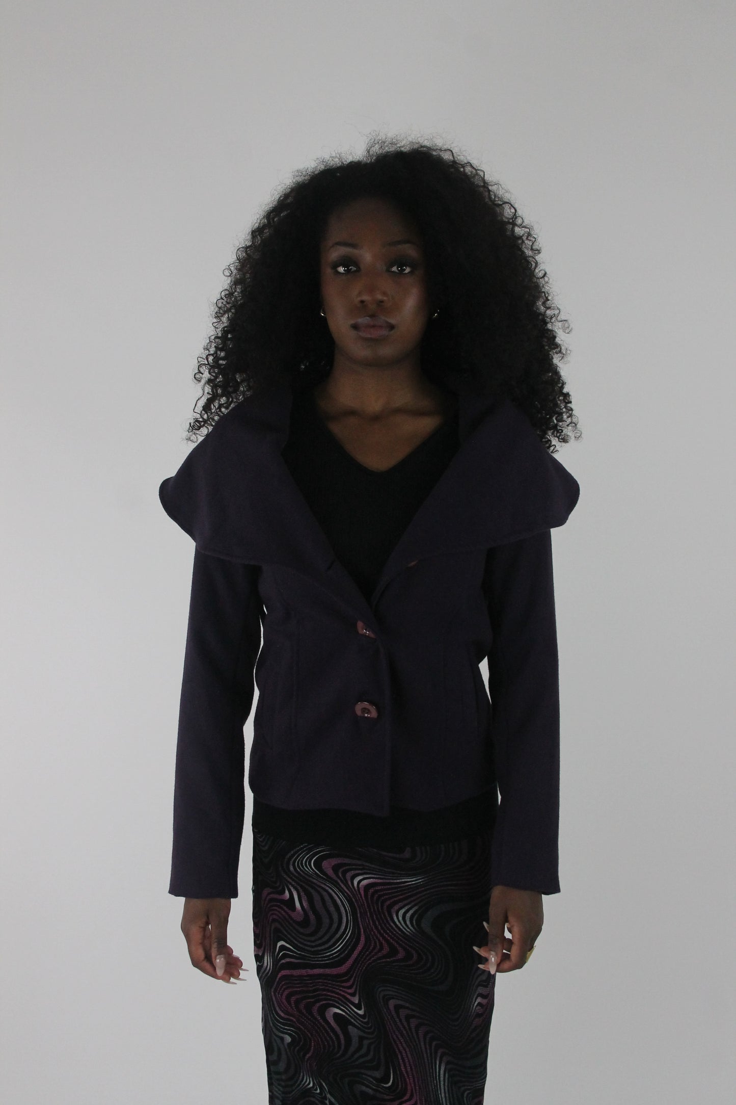front view of purple oversized-collar fitted blazer