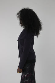 side view of purple oversized-collar fitted blazer