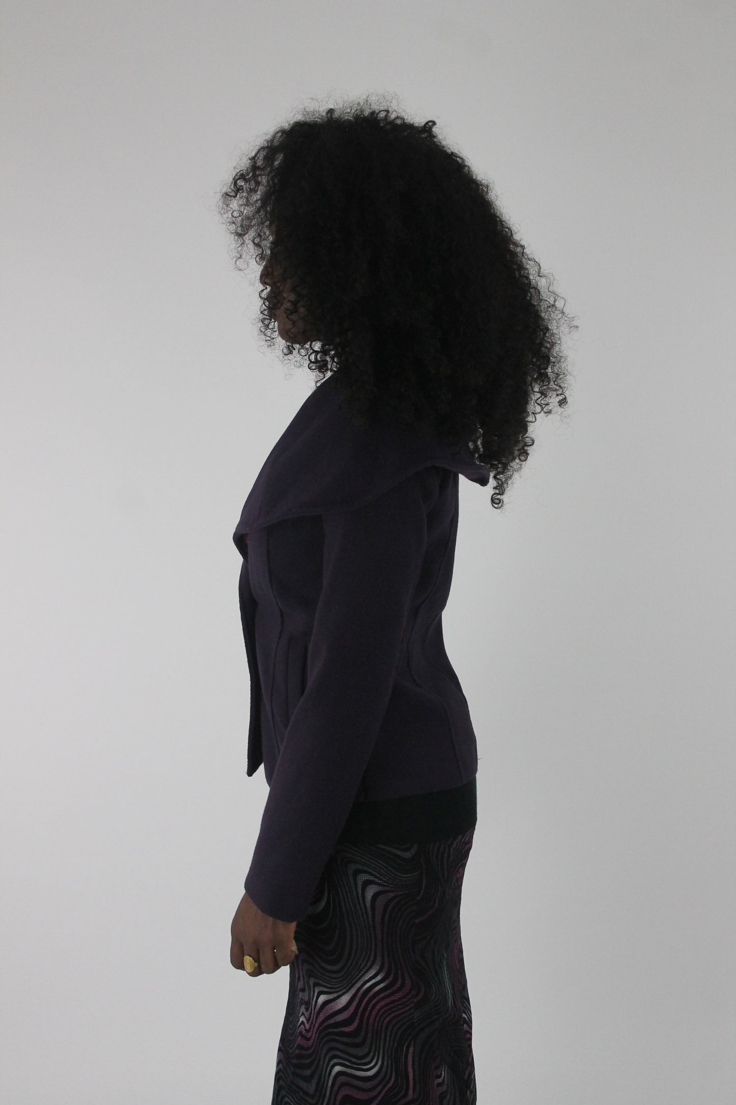side view of purple oversized-collar fitted blazer