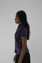 alternate-side view of purple satin-effect fitted short-sleeve shirt