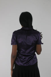 back view of purple satin-effect fitted short-sleeve shirt