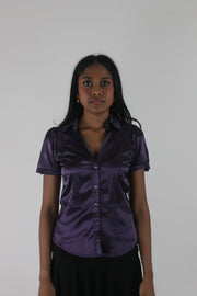 front view of purple satin-effect fitted short-sleeve shirt