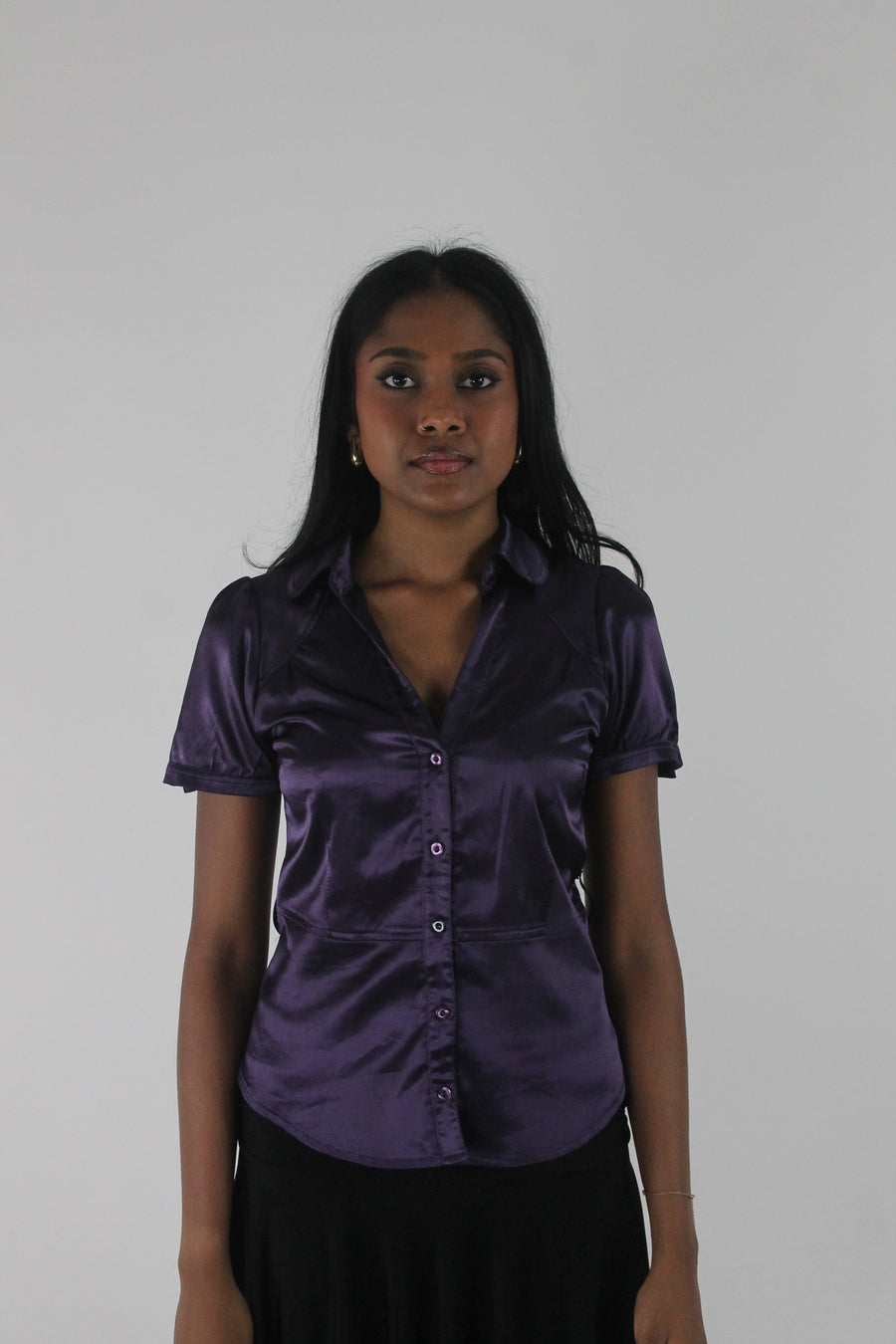 front view of purple satin-effect fitted short-sleeve shirt