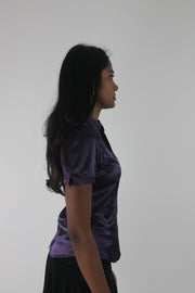 side view of purple satin-effect fitted short-sleeve shirt