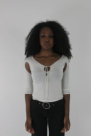 front view of white cold-shoulder tie-front top