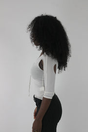 side view of white cold-shoulder tie-front top