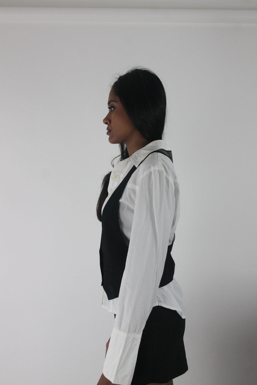 front view of white fitted long-sleeve button-up shirt