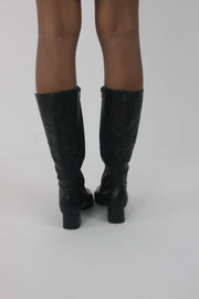 back view of black knee-high block-heel boots