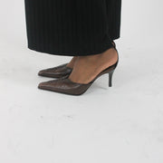 front view of brown pointed-toe slingback kitten heels