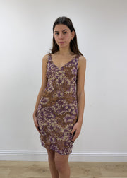 small dark khaki patterned mini dress – model portrait
