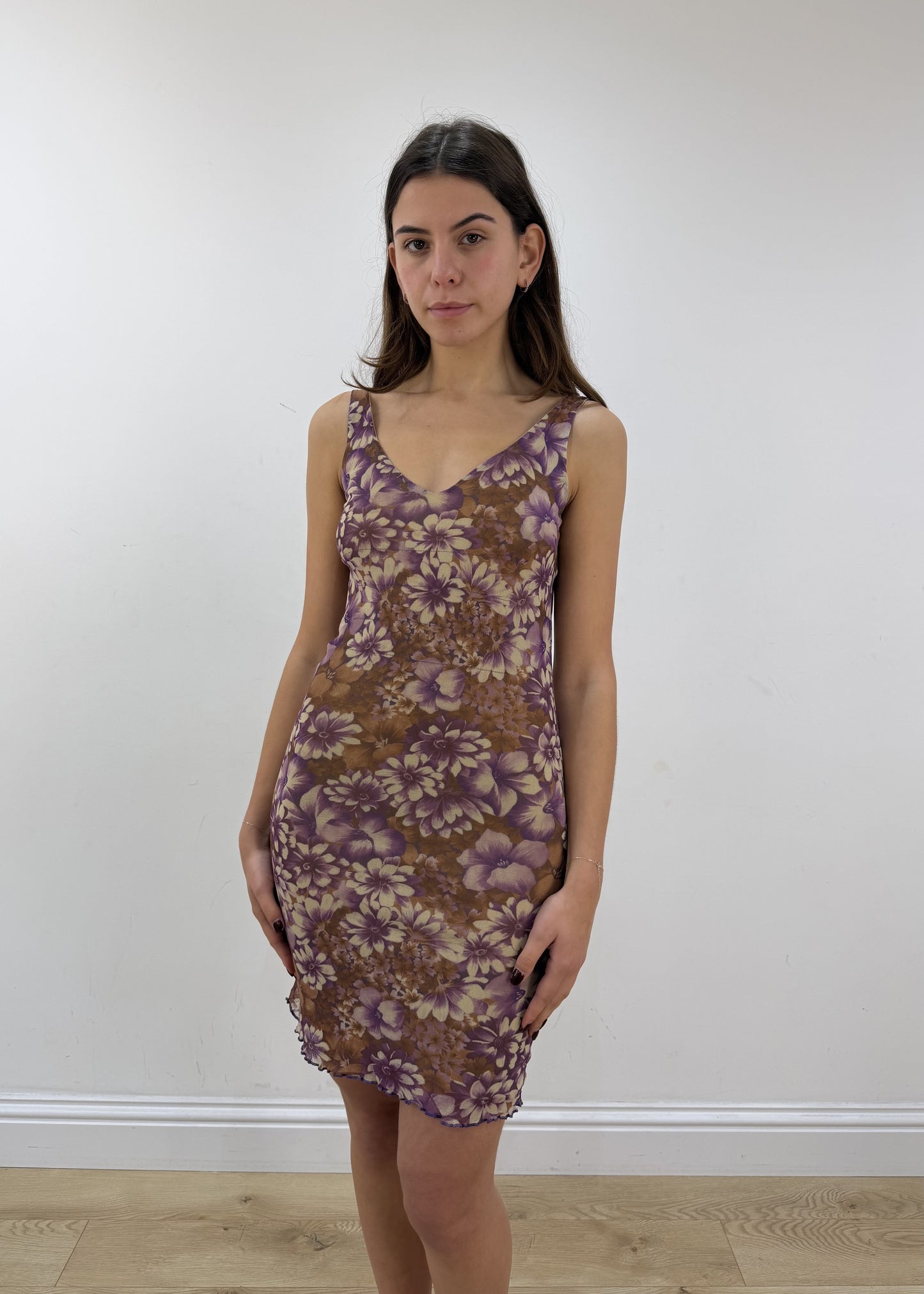 small dark khaki patterned mini dress – model portrait