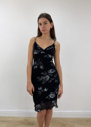 small black floral mesh overlay midi dress – model portrait