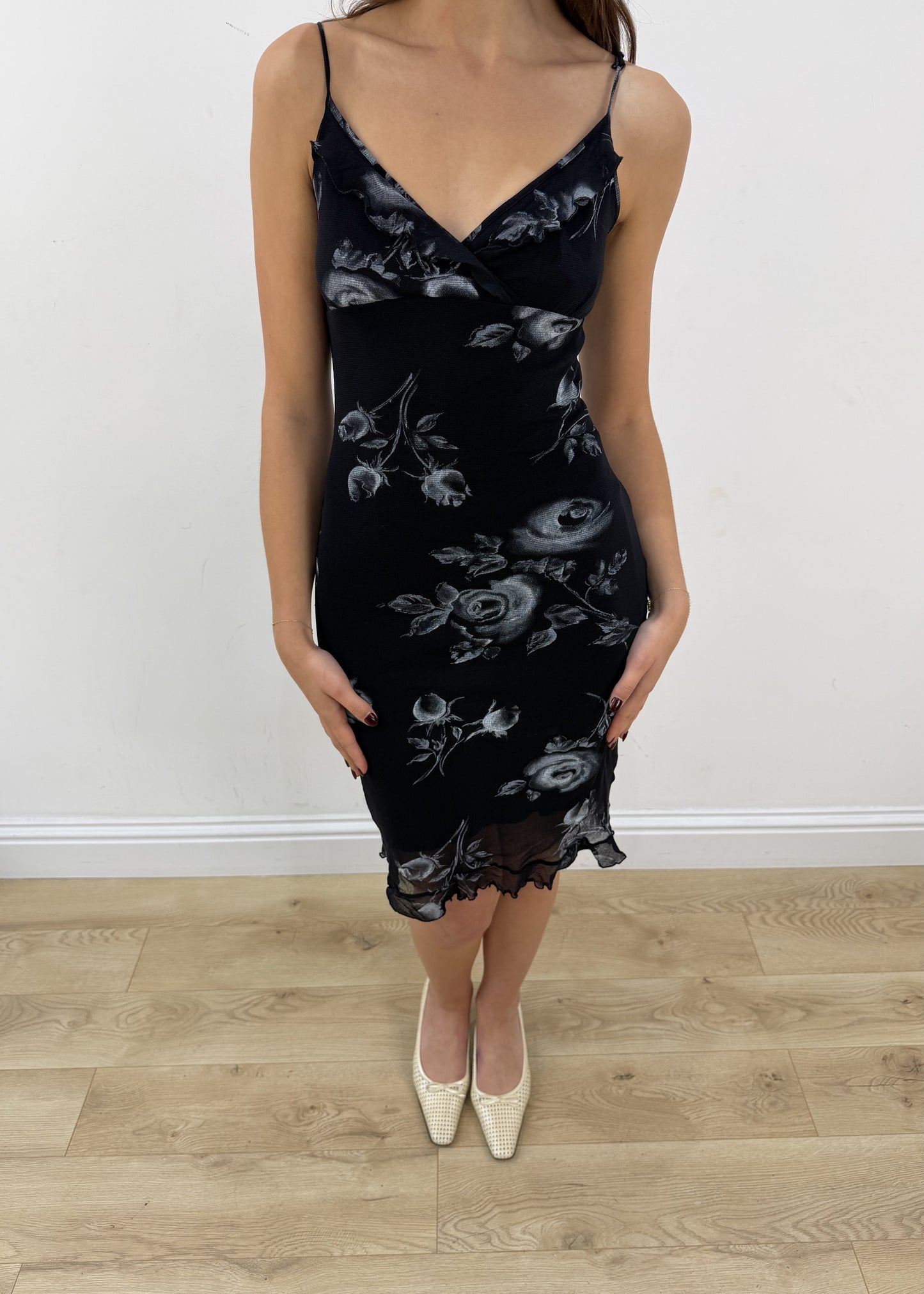 small black floral mesh overlay midi dress – headless garment photo