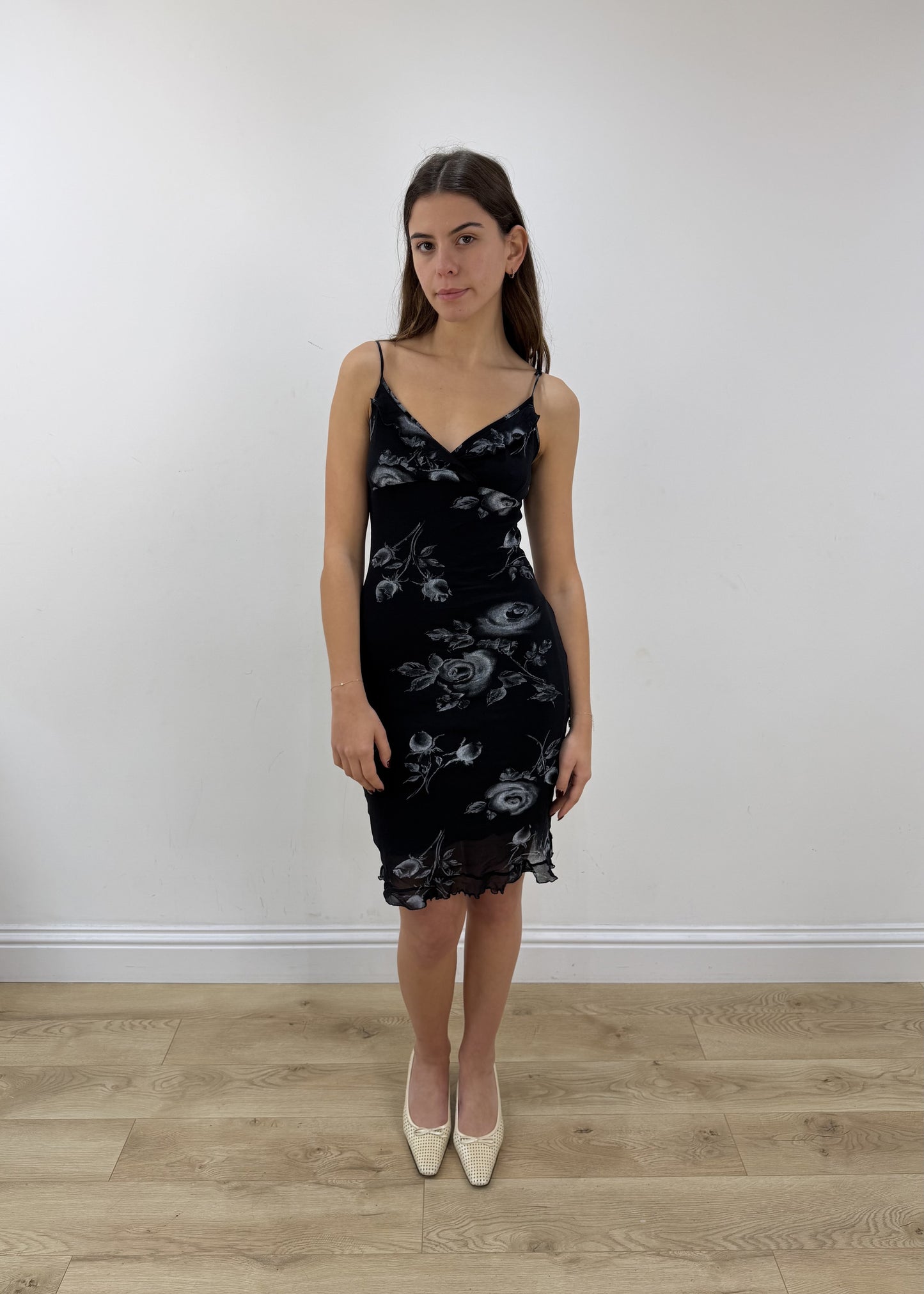 small black floral mesh overlay midi dress – full outfit view