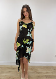 small black floral mesh overlay midi dress – model portrait