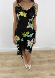 small black floral mesh overlay midi dress – headless garment photo