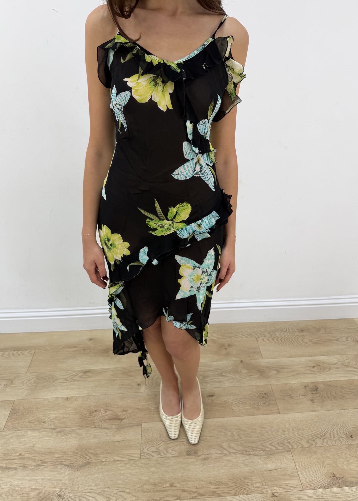 small black floral mesh overlay midi dress – headless garment photo