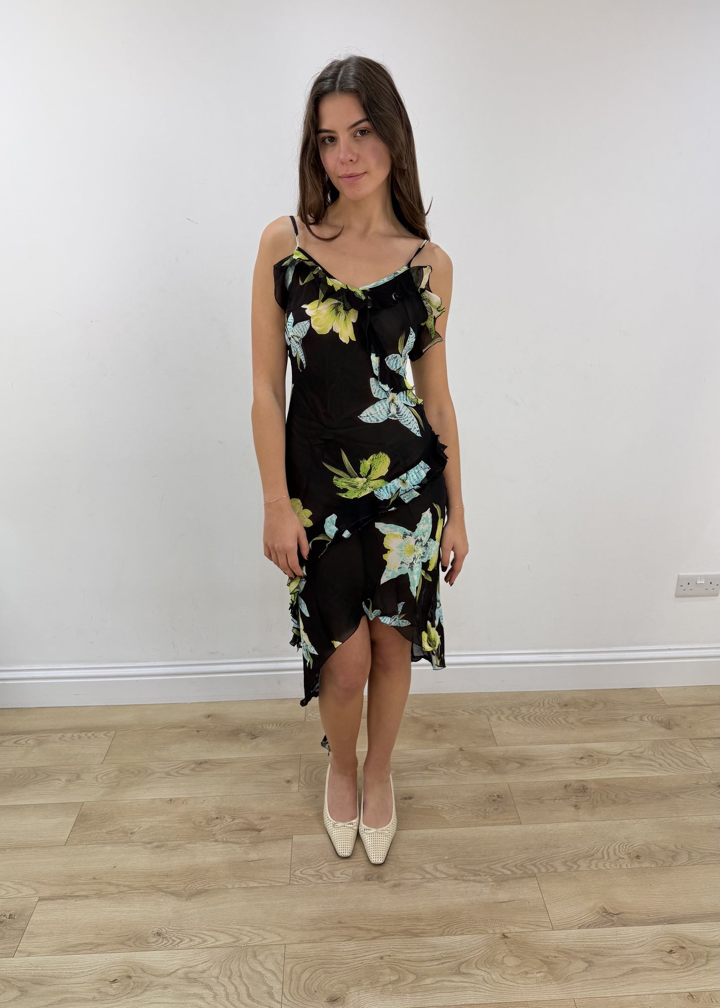 small black floral mesh overlay midi dress – full outfit view