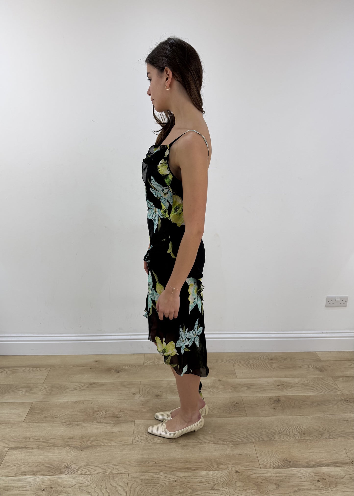 small black floral mesh overlay midi dress – side view