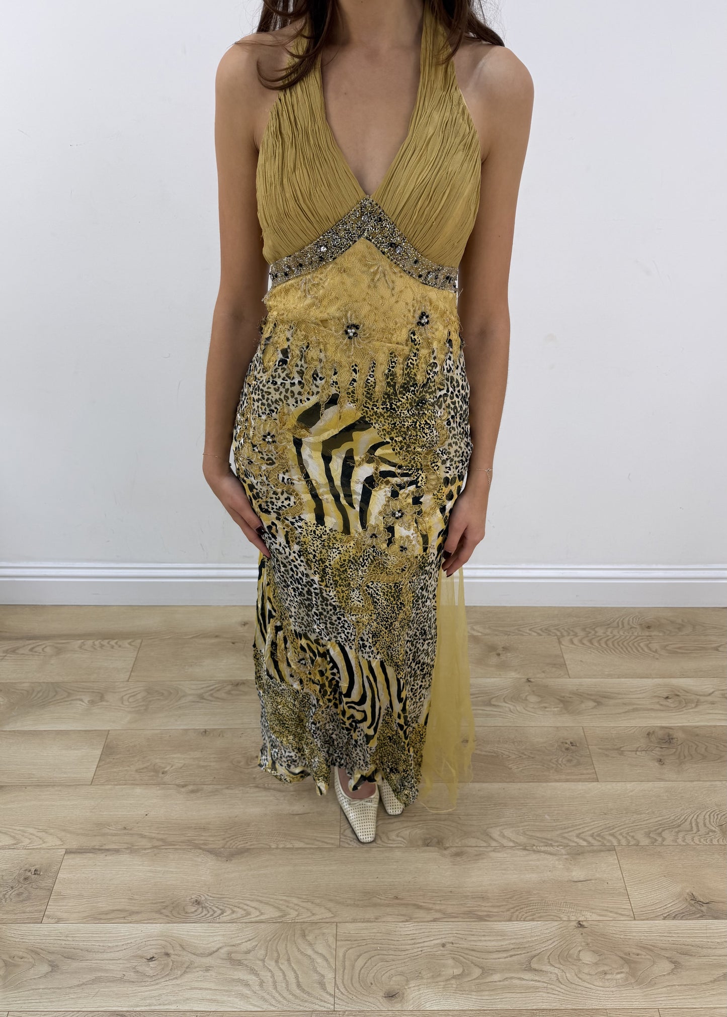 small/medium yellow sequin maxi dress – headless garment photo