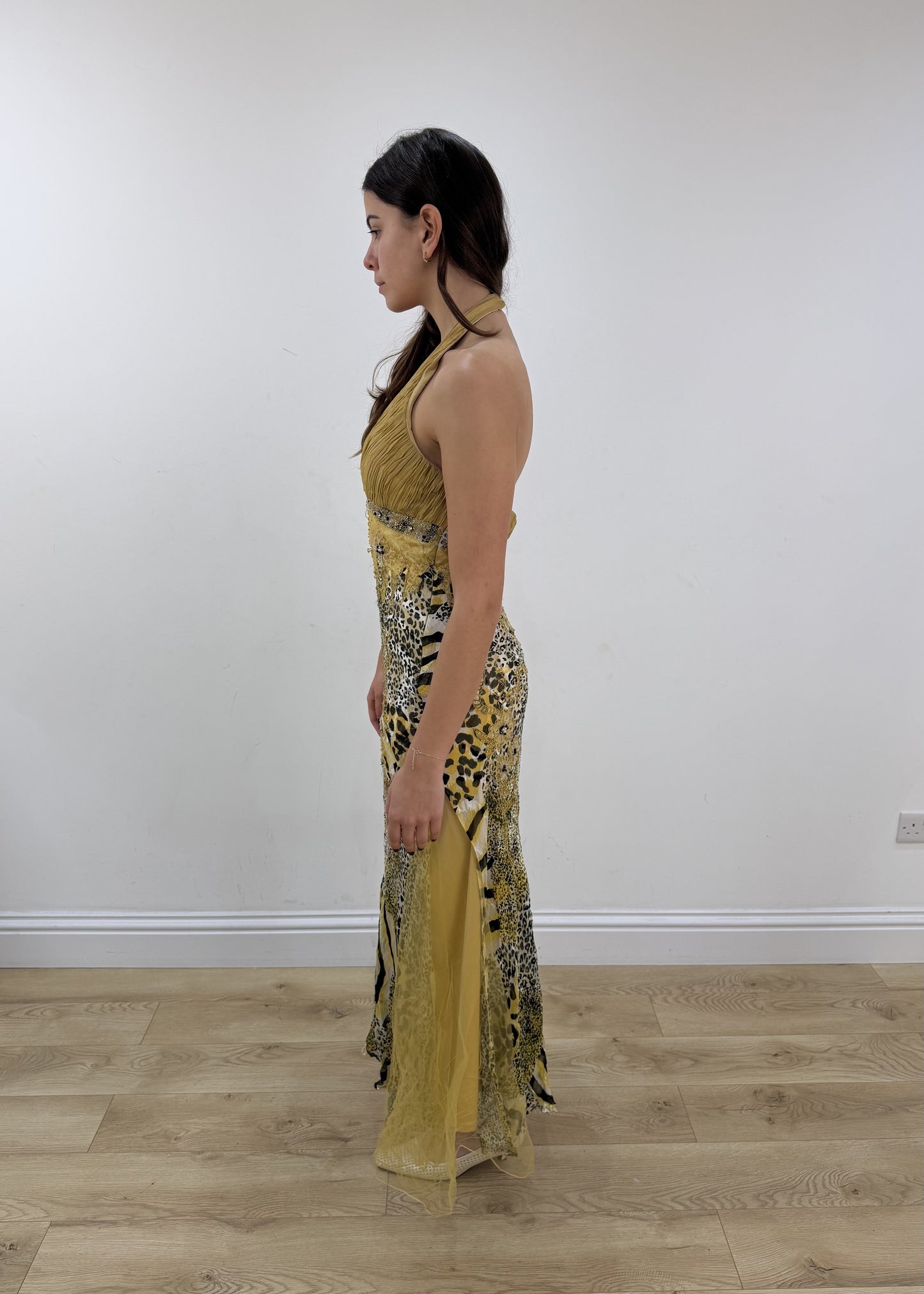 small/medium yellow sequin maxi dress – side view
