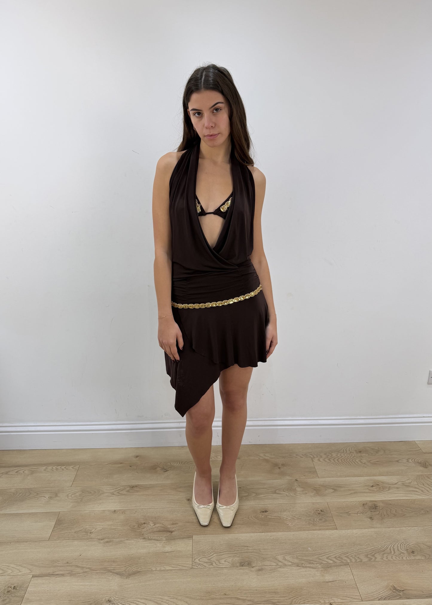 small brown halterneck mini dress with matching bikini top – garment detail