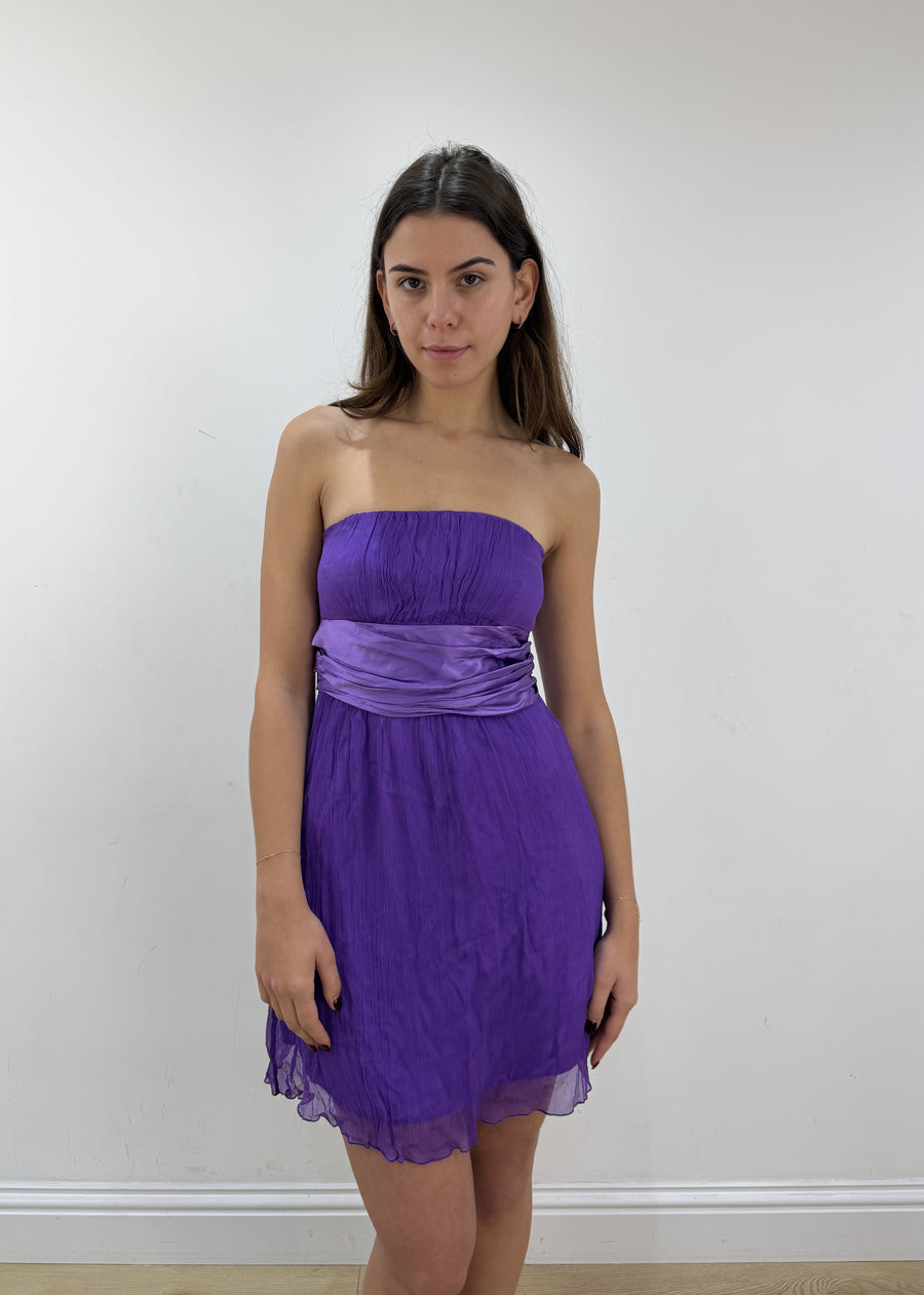 small purple silk layered bandeau mini dress – model portrait