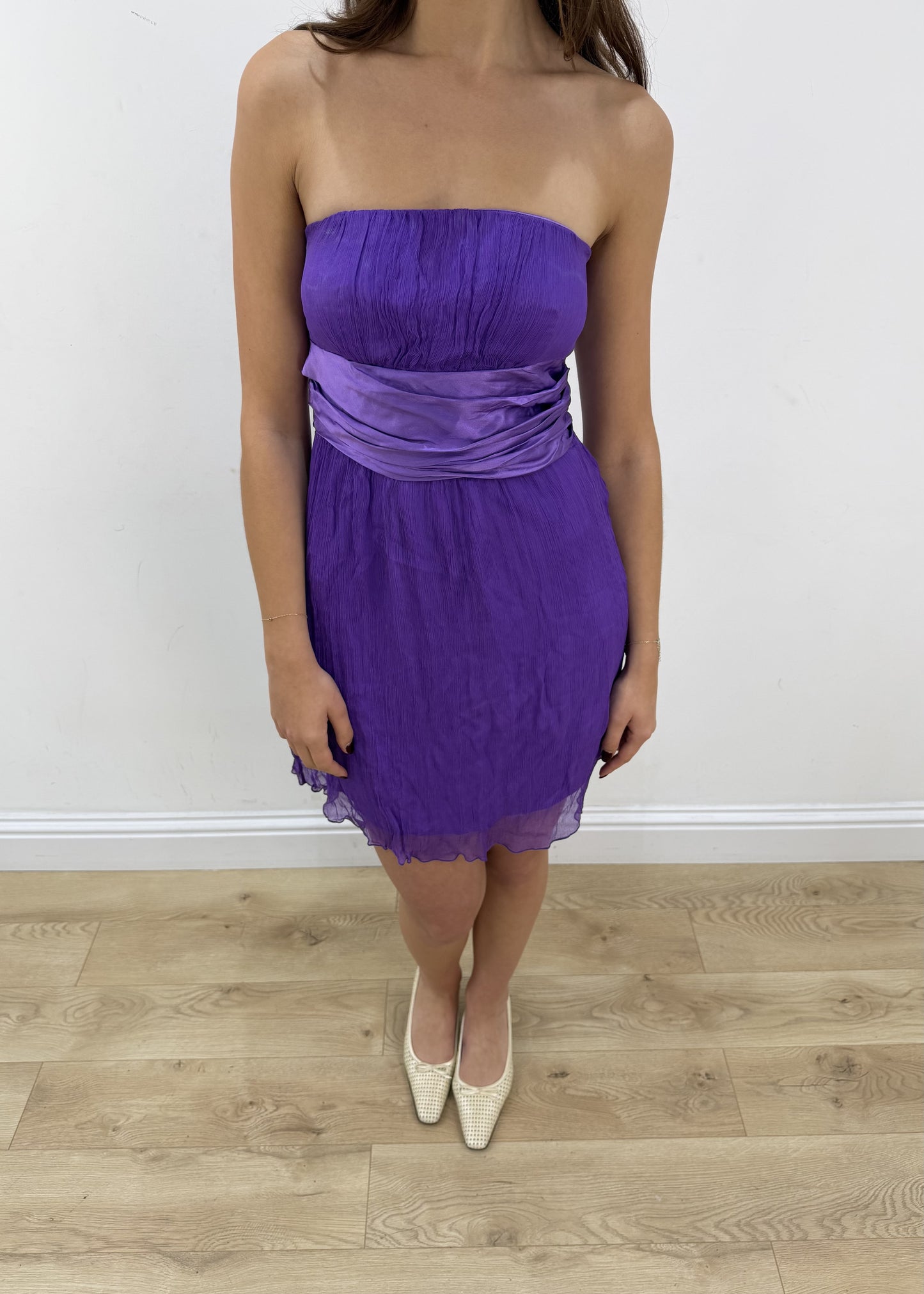 small purple silk layered bandeau mini dress – headless garment photo