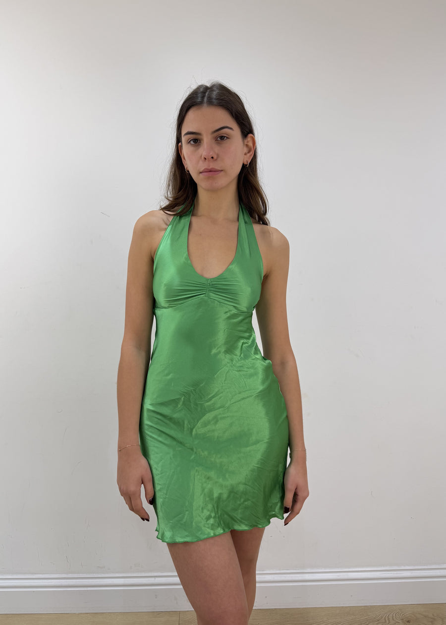 extra small/small green halterneck midi dress – model portrait