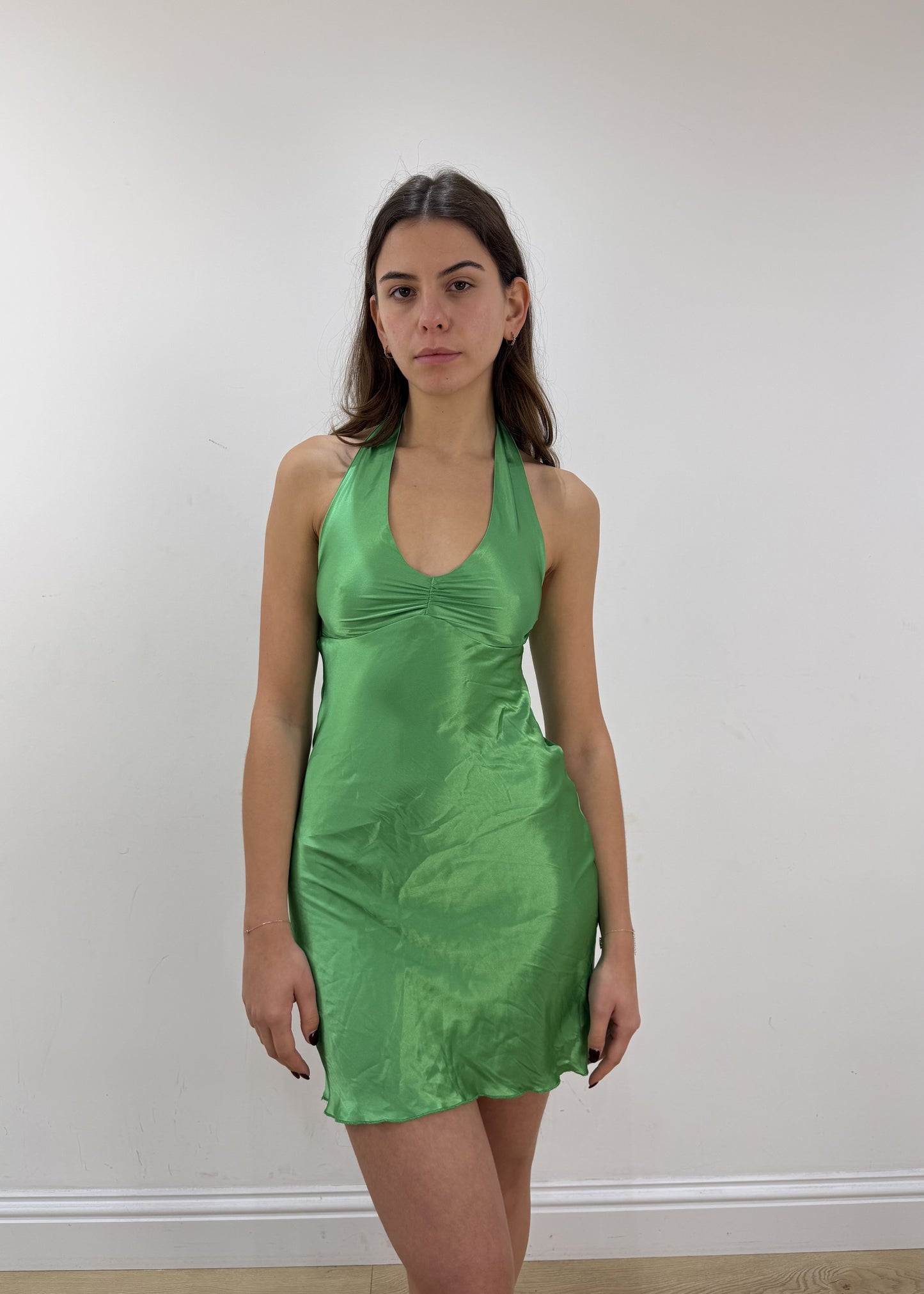 extra small/small green halterneck midi dress – model portrait