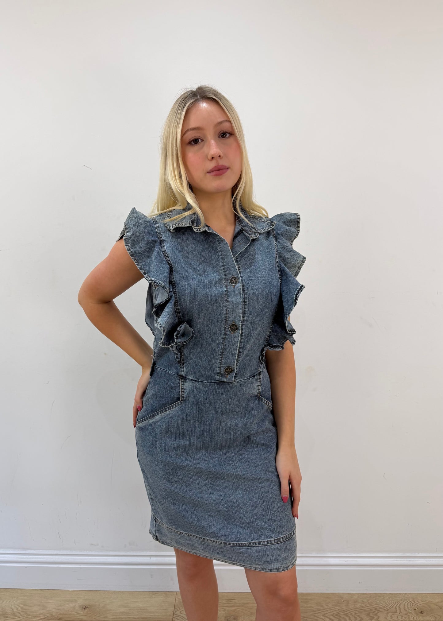 small/medium blue denim button up mini dress