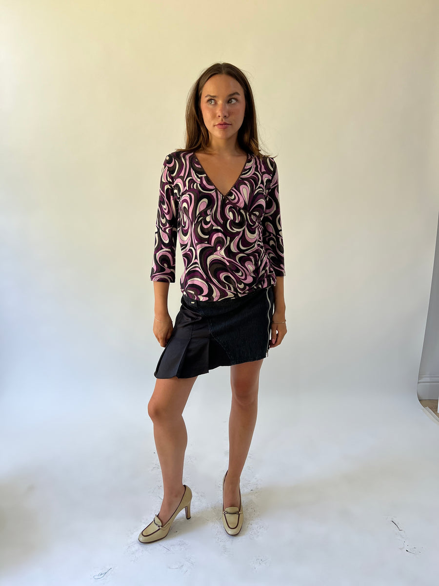 back to school drop purple black and white swirl print top front