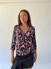back to school drop purple black and white swirl print top detail