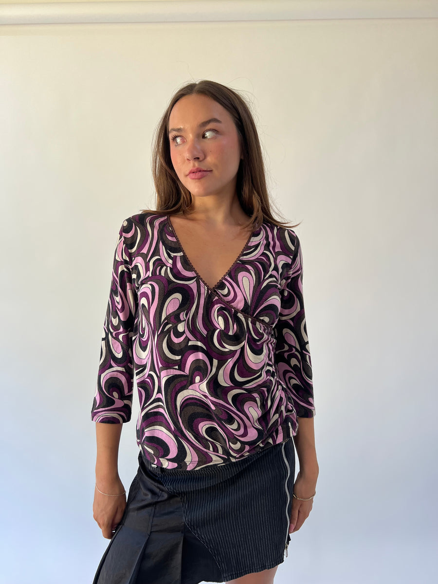 back to school drop purple black and white swirl print top detail