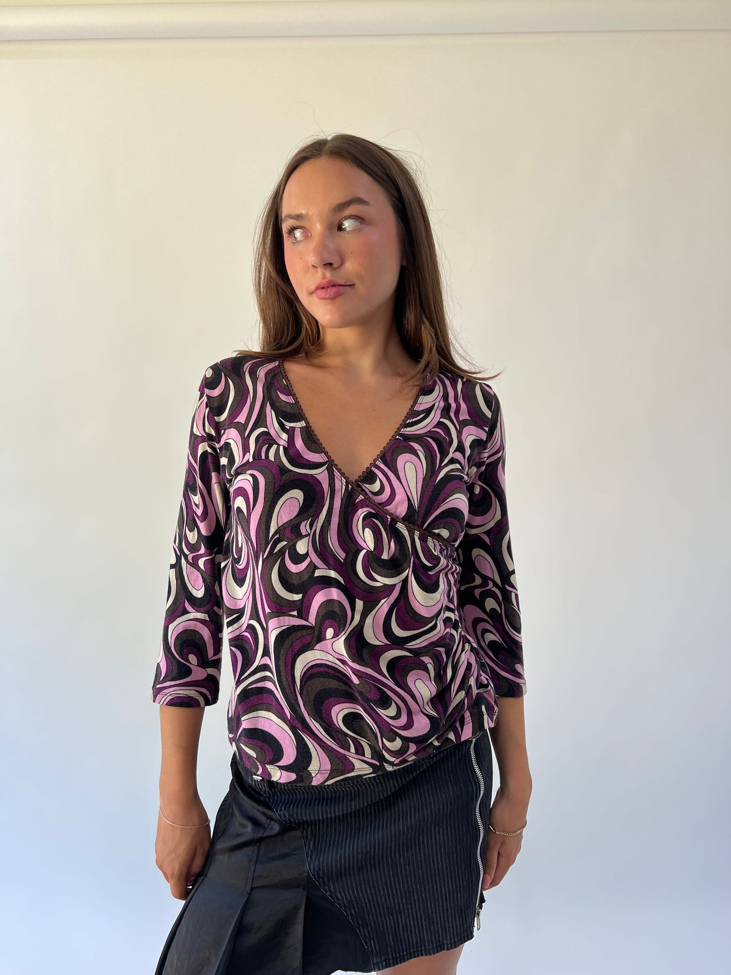 back to school drop purple black and white swirl print top detail