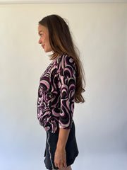 back to school drop purple black and white swirl print top detail